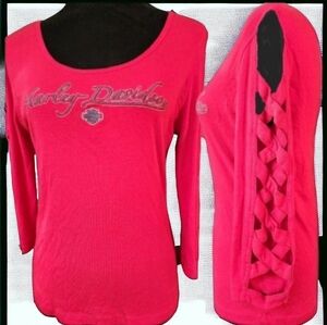 HARLEY DAVIDSON Womans Red Pullover with Criss Cross Arm Detail.  Size LARGE
